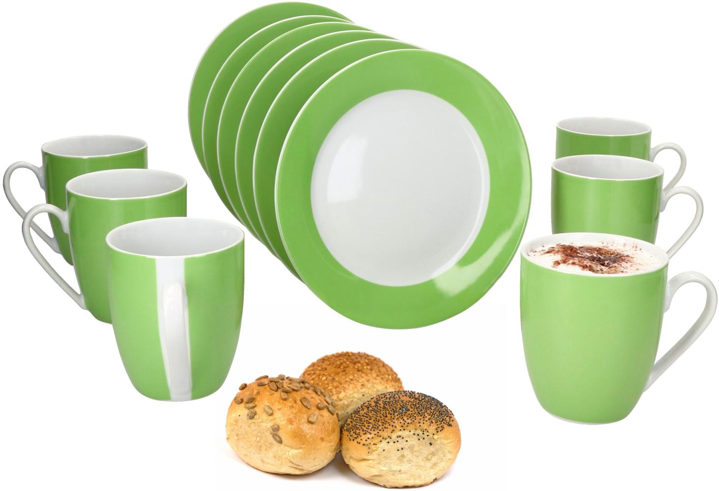 12tlg Frühstücksset Variant Grün Porzellan 6 Personen Teller klein Kaffeebecher Bild 1