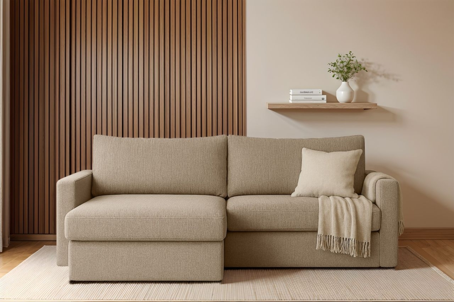 Ecksofa Sofa mit Schlaffunktion BENDIK Stoff Faro Dunkelbeige Ottomane Links Bild 1