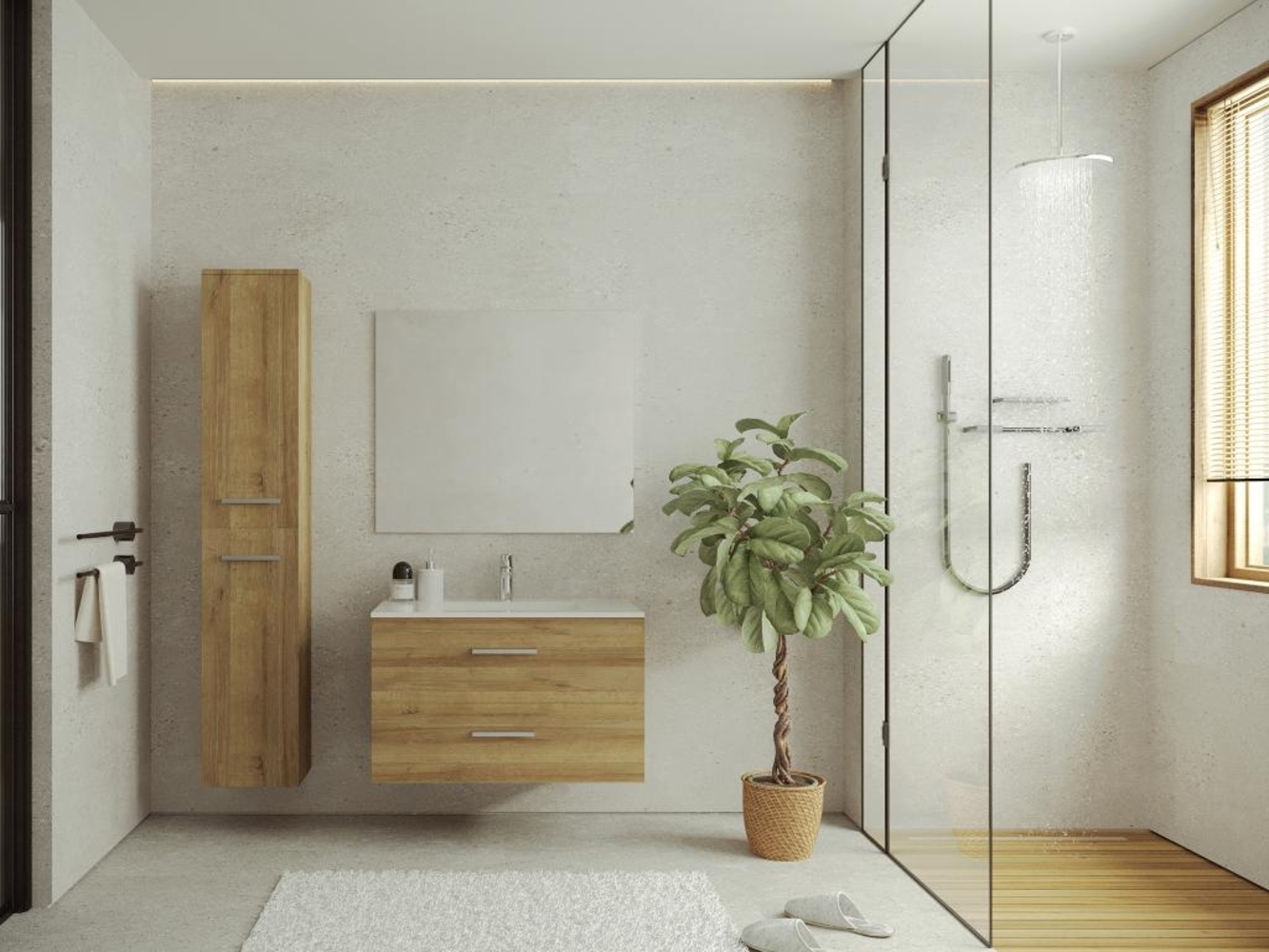 Vente-unique - Waschbeckenunterschrank hängend mit Einzelwaschbecken & vertikalem Schrank - Helles Holzfarben - 80 cm - KAYLA Bild 1