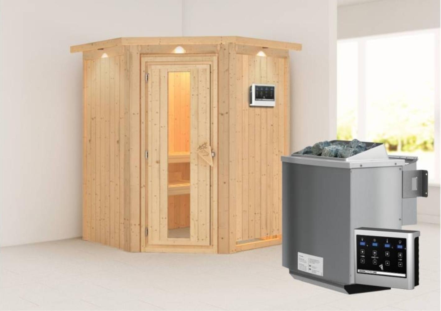 Karibu Sauna Larin mit Dachkranz + 9kW BIO-Kombiofen mit ext. Steuerung Easy Klarglas Ganzglastür Bild 1