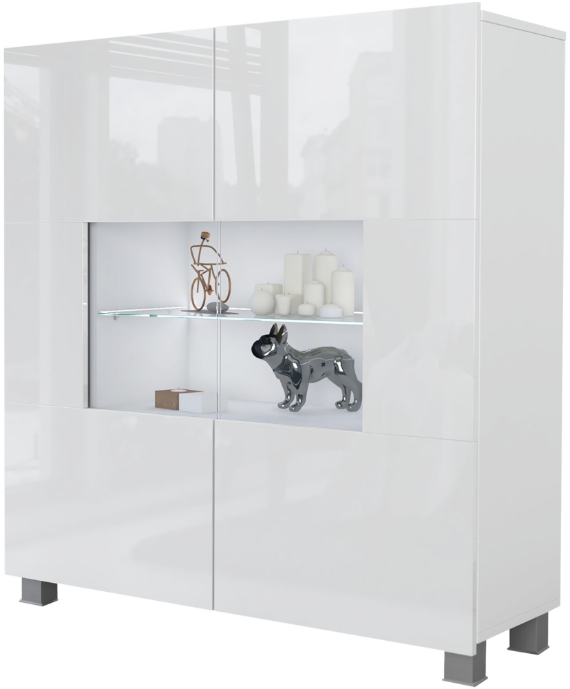 Mirjan24 Kommode Calabrini mit 2 Türen, Sideboard, Anrichte, 100 x 107 x 35 cm, Highboard, Mehrzweckschrank, Wohnzimmer (Weiß/Weiß Hochglanz, mit weißer LED Beleuchtung) Bild 1
