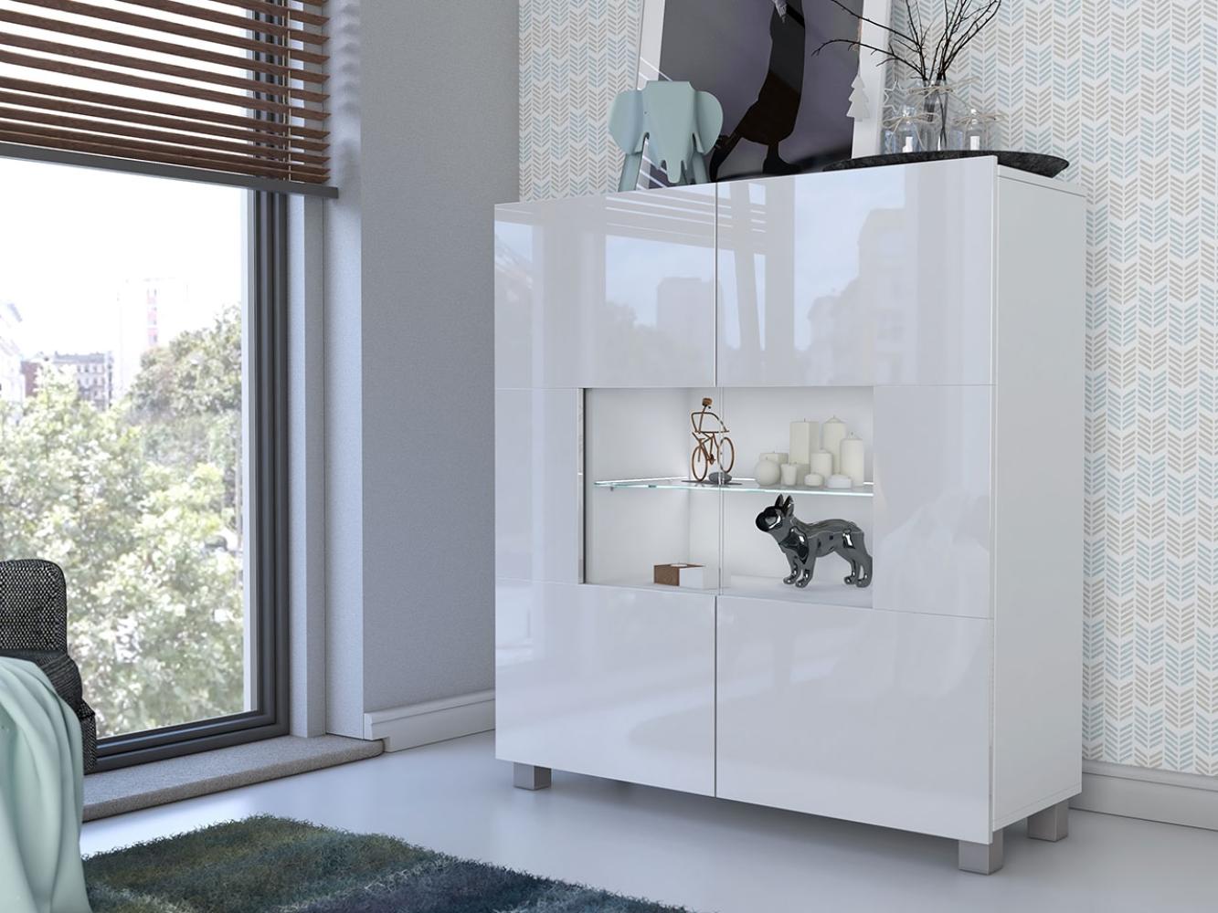 Mirjan24 Kommode Calabrini mit 2 Türen, Sideboard, Anrichte, 100 x 107 x 35 cm, Highboard, Mehrzweckschrank, Wohnzimmer (Weiß/Weiß Hochglanz, mit weißer LED Beleuchtung) Bild 1