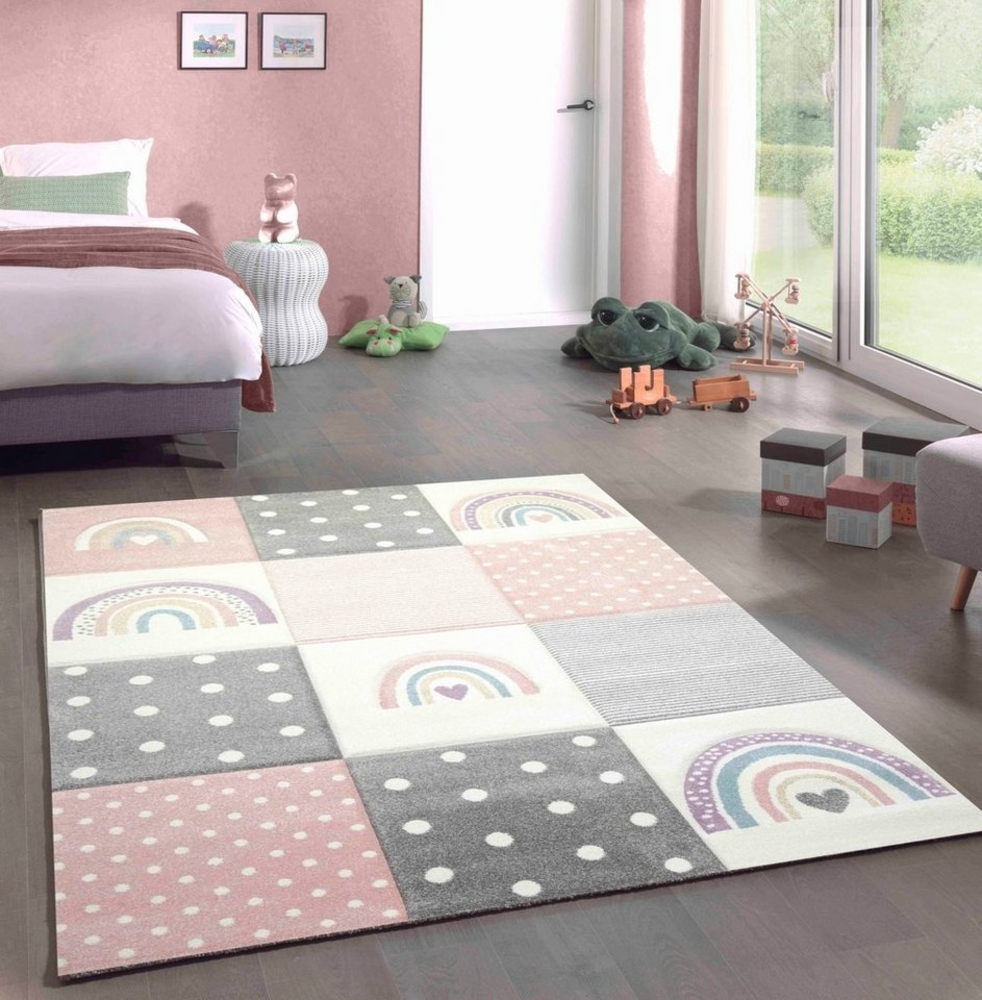 Carpetia Kinderteppich Kinderteppich Kinderzimmer Herzchen Regenbogen creme rosa grau, rechteckig, Höhe: 13 mm Bild 1