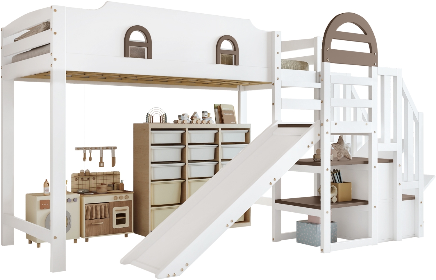 Merax Kinderbett, mit Fenster + Kinderrutsche + Treppen mit Handlauf + 2 Schließfächer in der Treppe, Kiefer+MDF, Weiß+Braun, 90x200cm Bild 1