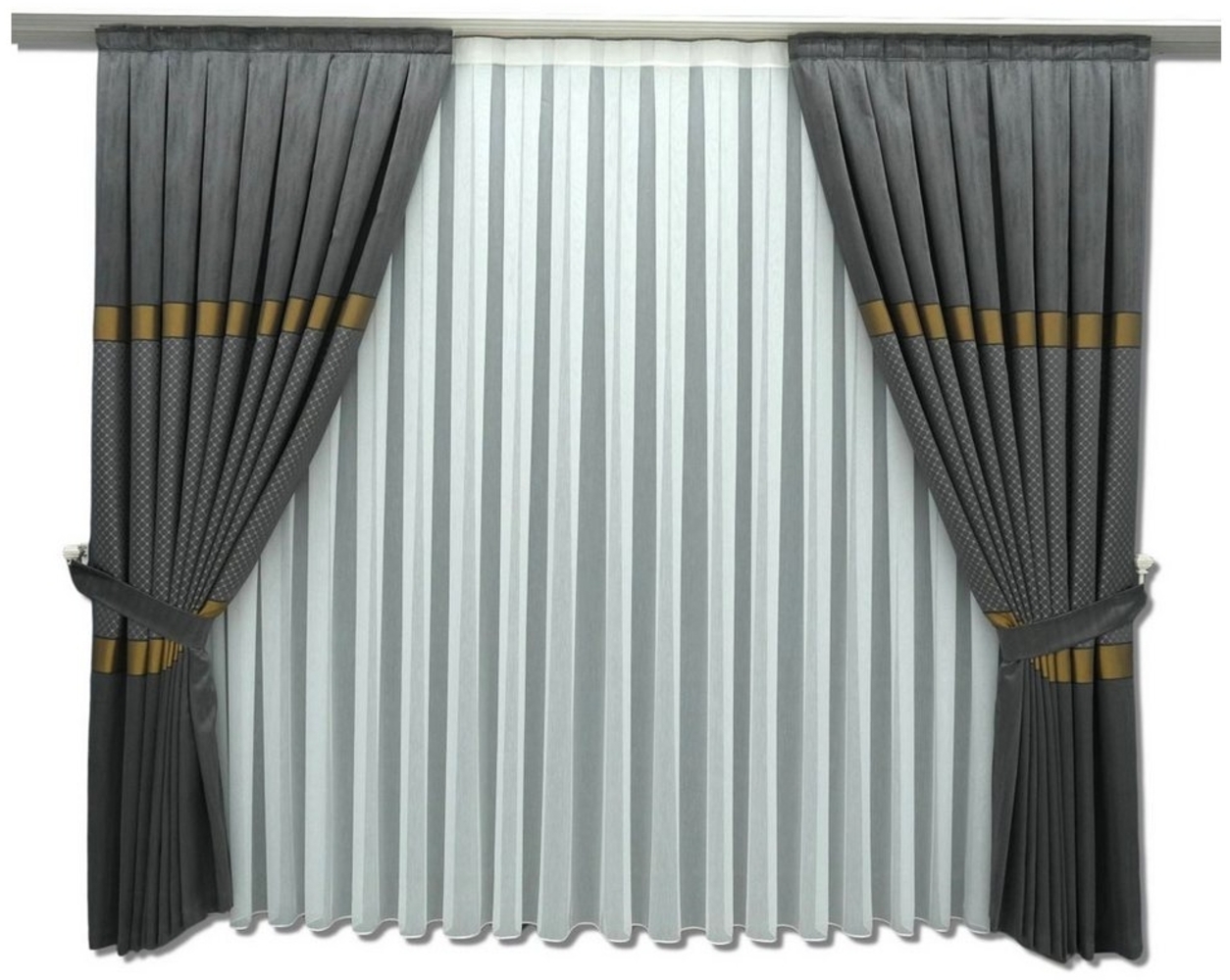 Gardinen by Justyna Vorhang Anthrazit Falten Fon Gardine Komplett Set, Kräuselband (5 St), halbtransparent, Fertiggardine,Hochwertiggardine,Turkischegardine,Perde,Pileli Tül Bild 1
