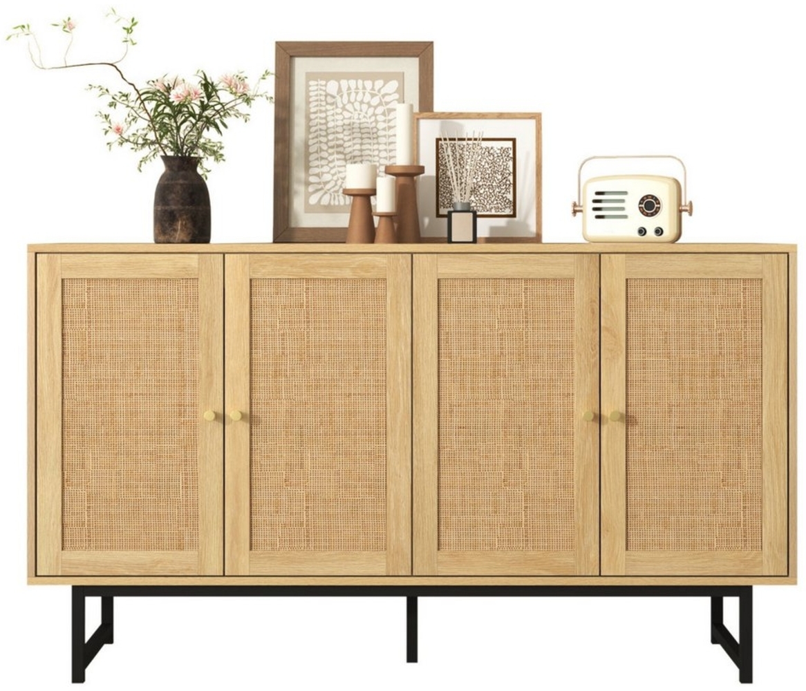 SeedWave Sideboard Vielseitige Kommode, 4 Schiebetüren mit Rattan Draußen Geschmückt, Echte Rattan, Verstellbare Einlegeböden, Stabile Metallbeine Bild 1