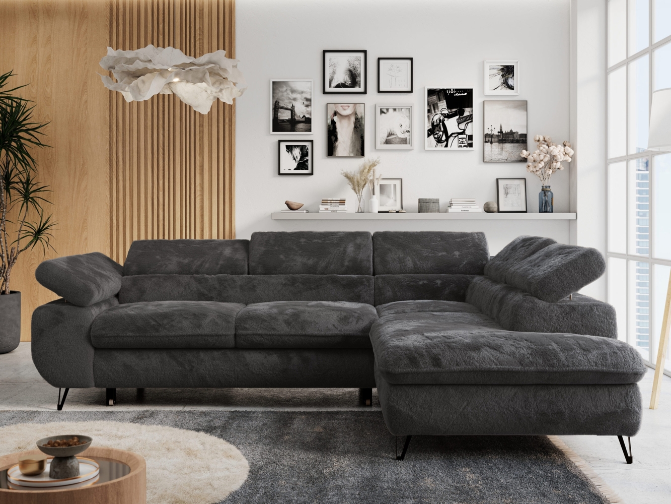 Ecksofa mit Bettfunktion, Modern Sofa, L-form, Einstellbare Kopfstützen, Bettkasten - PETER - Dunkelgrau Plüsch - Topper T25 - rechts Bild 1