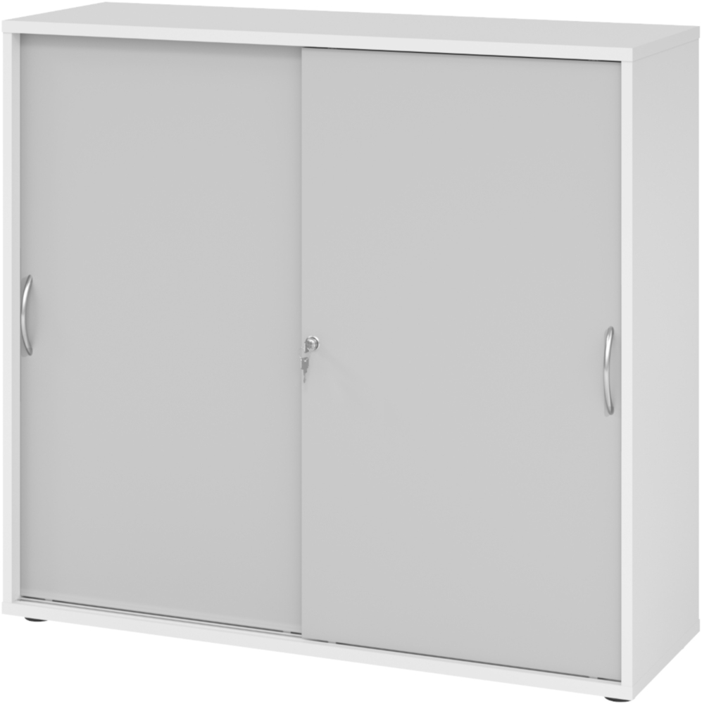 bümö Schiebetürenschrank 3OH - Aktenschrank abschließbar, Sideboard Schrank mit Schiebetüren in Weiß/Grau, Bogengriff - Büroschrank aus Holz mit Schiebetür, Büro Kommode für Ordner & Co, 1753S-W-5-BM Bild 1