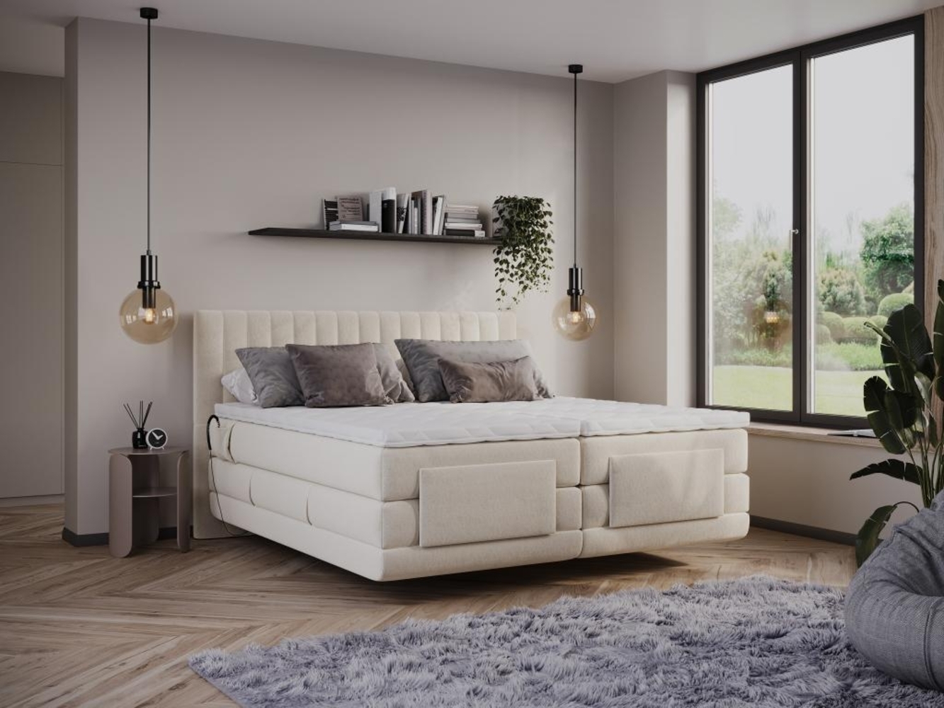 Vente-unique - Boxspringbett mit vertikalen Ziernähten am Kopfteil + elektrischem Untergestell mit Relaxfunktion + Matratze + Topper - 2 x 90 x 200 cm - Samt - Beige - DONISI von PALACIO Bild 1