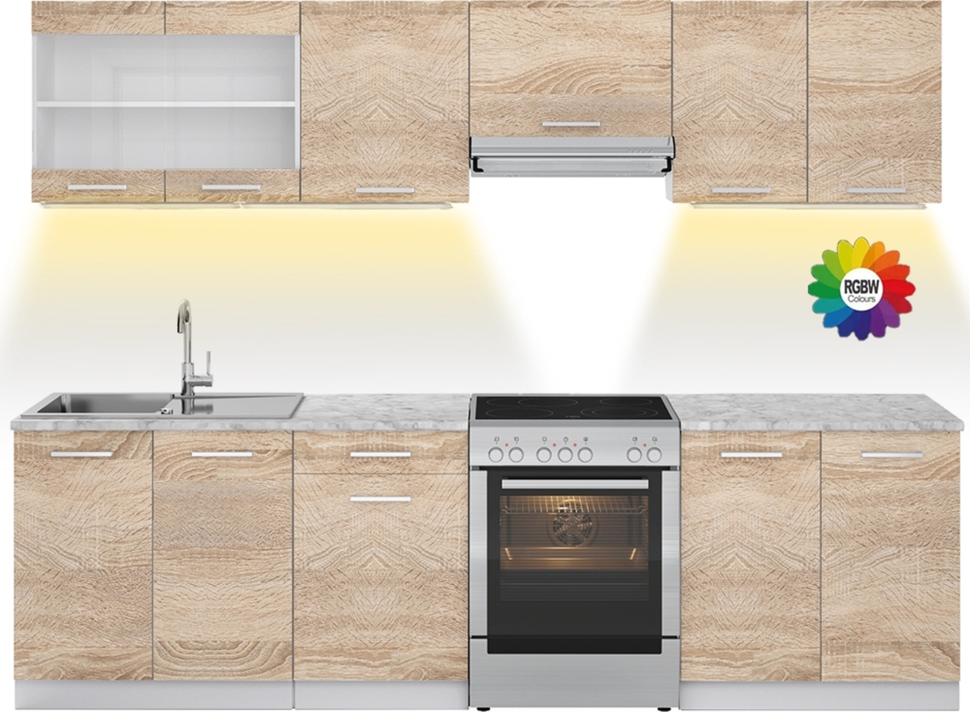 Küchenzeile Raul Sonoma 240 cm , AP Marmor mit LED-Leisten Vicco Bild 1