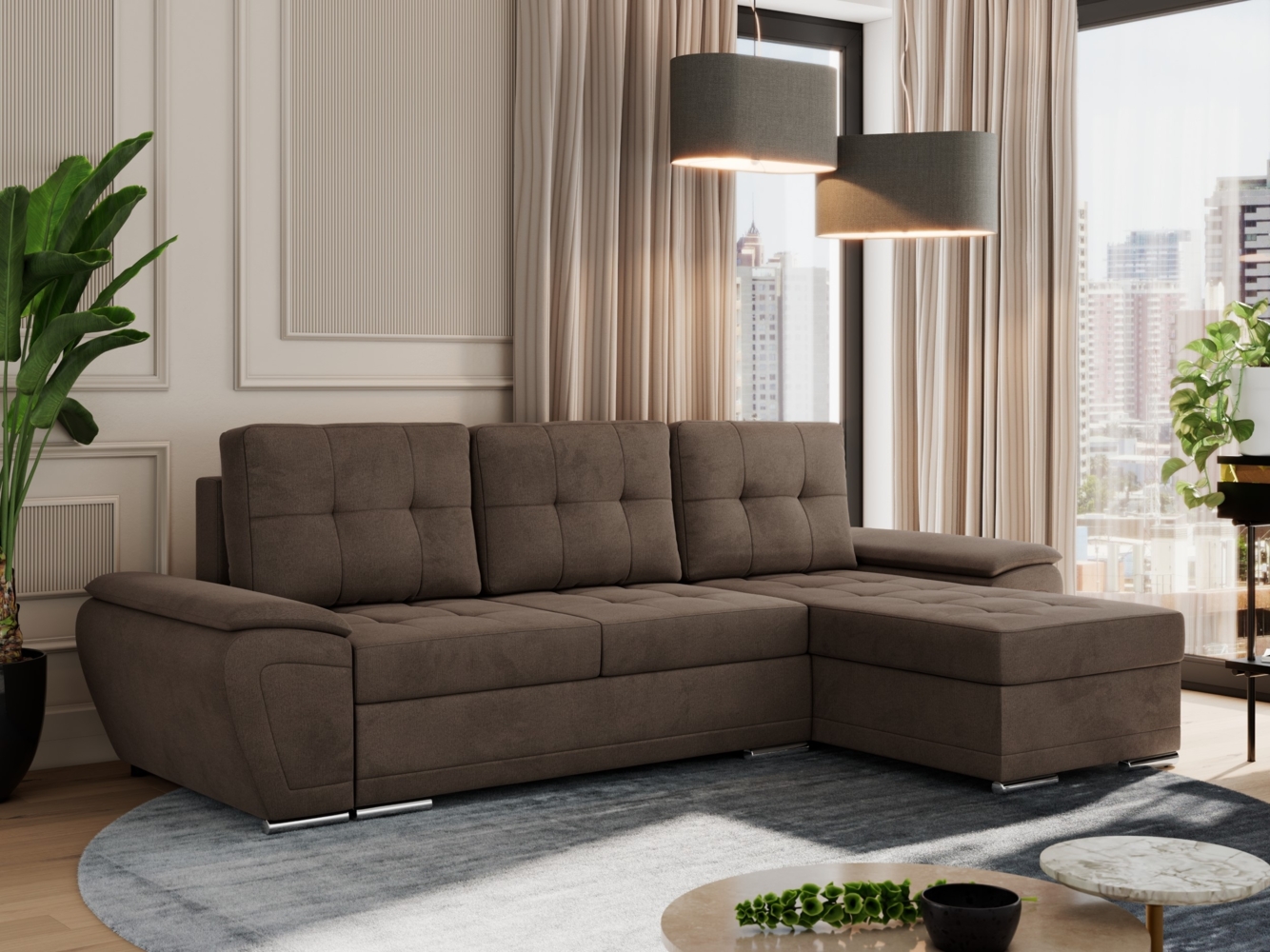 Universelles Ecksofa mit Schlaffunktion, Bettkasten und losen Kissen, gesteppte Sitzfläche - UMBRIA - Braun Velvet Bild 1