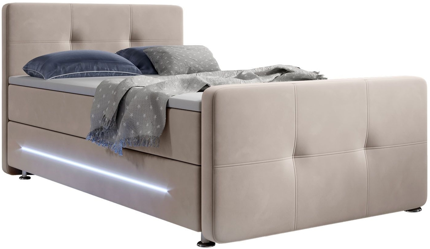 Juskys Boxspringbett Houston 120x200 cm – Einzelbett mit LED-Beleuchtung, Topper & Bonell-Federkern-Matratze – Bett Polsterbett Beige mit Stoff Bild 1