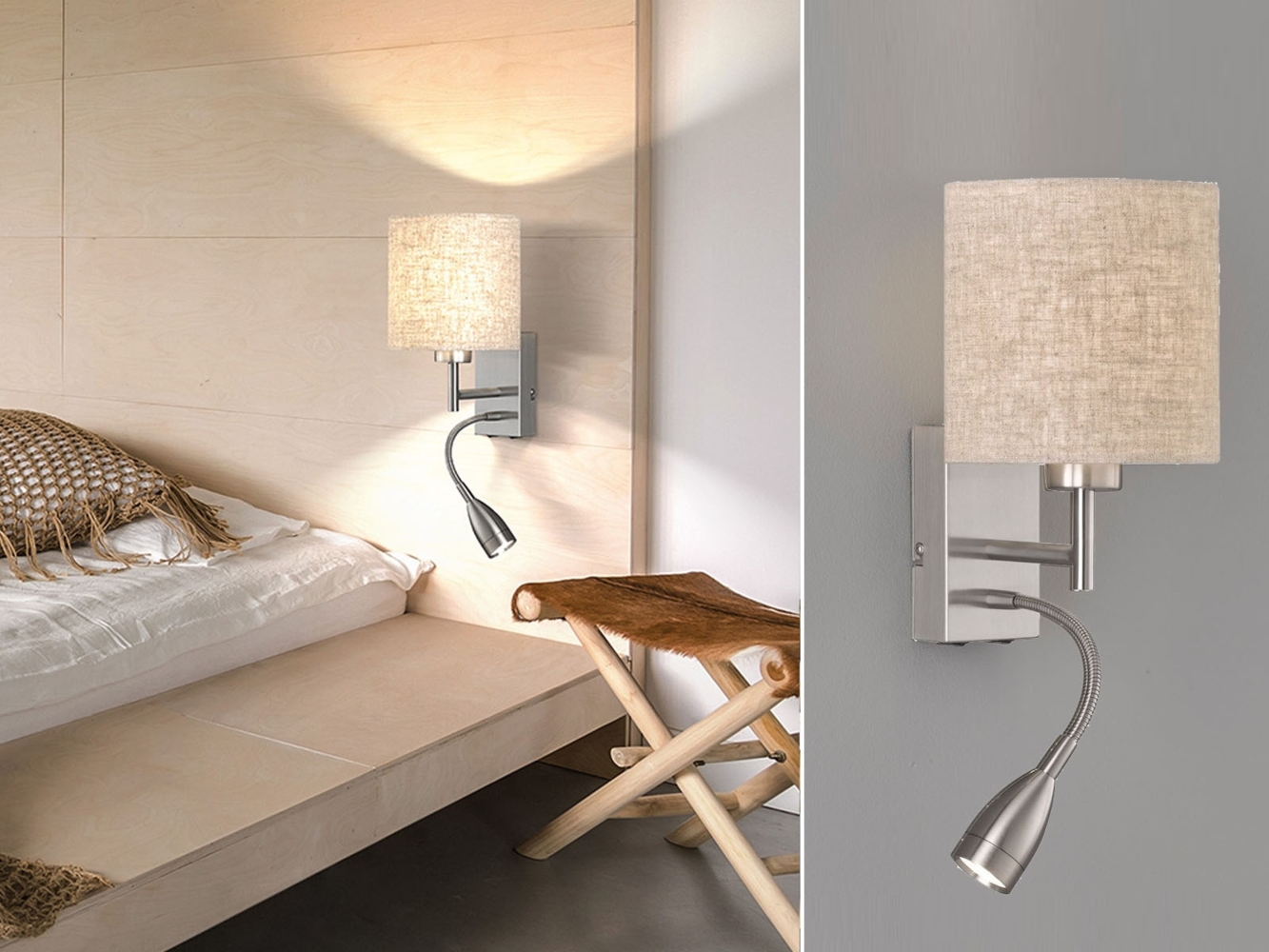 LED Wandleuchte mit Leselampe & Stoffschirm Beige, Höhe 24cm Bild 1