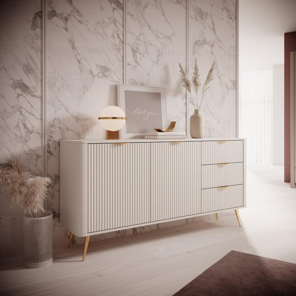 Furnix Kombikommode Katine 163 Design Sideboard mit Schubladen und Türen Metallfüße, mit dekorativen Metallgriffen, moderne Rillenoptik Bild 1