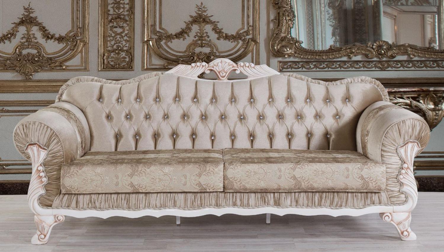 Casa Padrino Barock Sofa Braun / Weiß / Beige 230 x 84 x H. 100 cm - Prunkvolles Wohnzimmer Sofa mit Glitzersteinen - Barockstil Möbel Bild 1