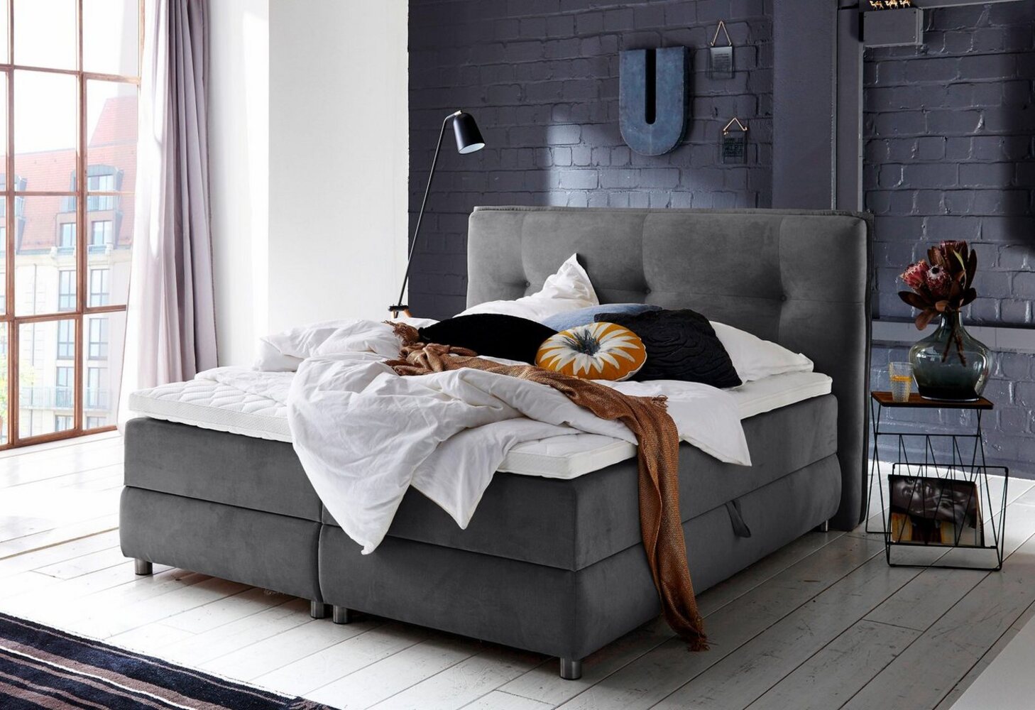 Atlantic Home Collection TILO Boxspringbett inklusive Topper (Härtegrad H2) und Stauraumfunktion beidseitig, anthrazit, 160x200 cm Bild 1