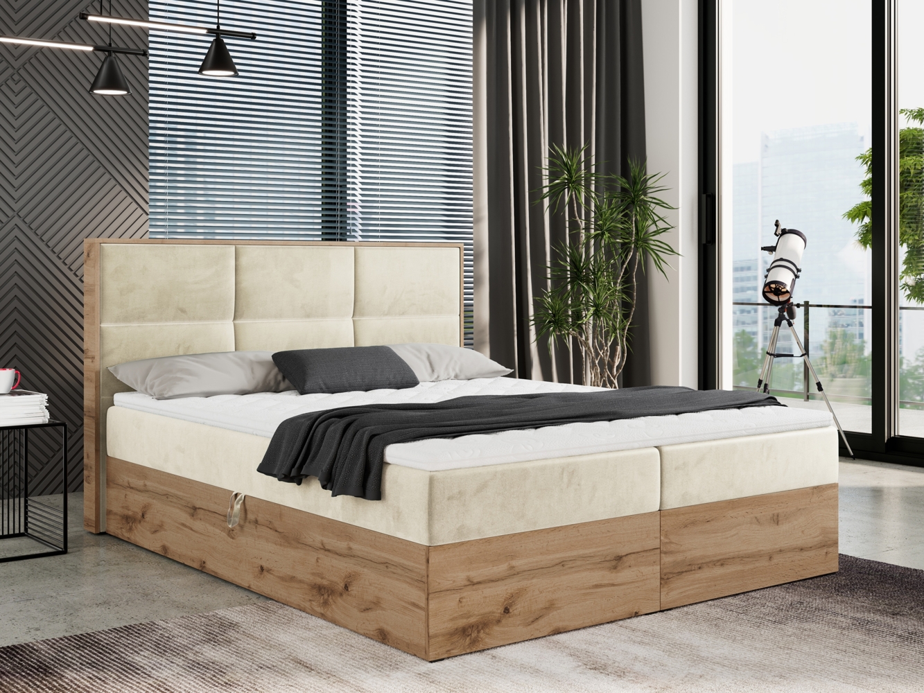 Boxspringbett mit Kopfteil und Topper, Polsterbett - ALBERO 2 - 120 x 200 cm - Beige Velvet - H3 Bild 1