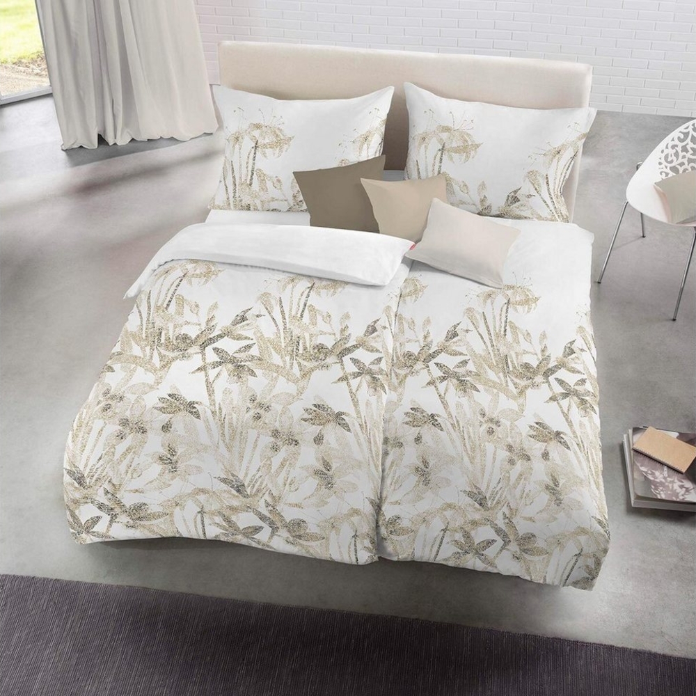 Fleuresse Halbleinen Bettwäsche 135x200 Gräser Blätter braun weiß 344216-07 Bild 1