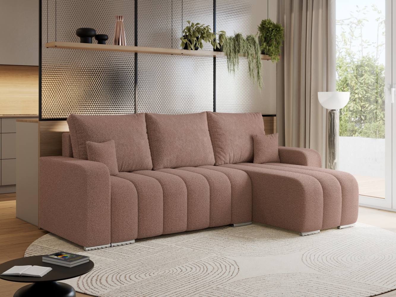 Universelles Ecksofa in Streifen genäht mit Schlaffunktion und Bettkasten, modern Stil - KIRASSO - Rosa Boucle Bild 1