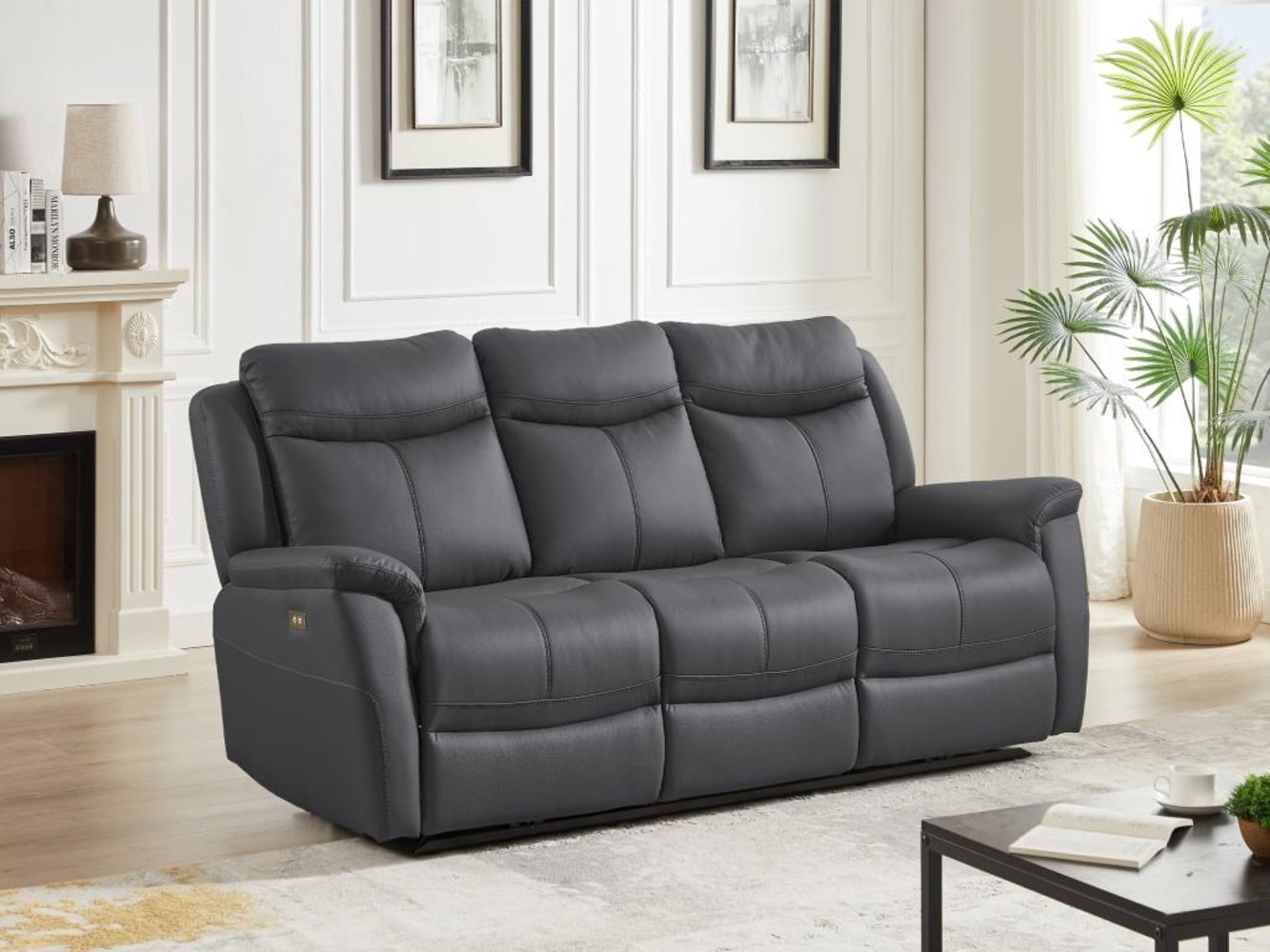 Vente-unique - Relaxsofa 3-Sitzer elektrisch - Rindsleder - Anthrazitgrau - NOMAJO Bild 1