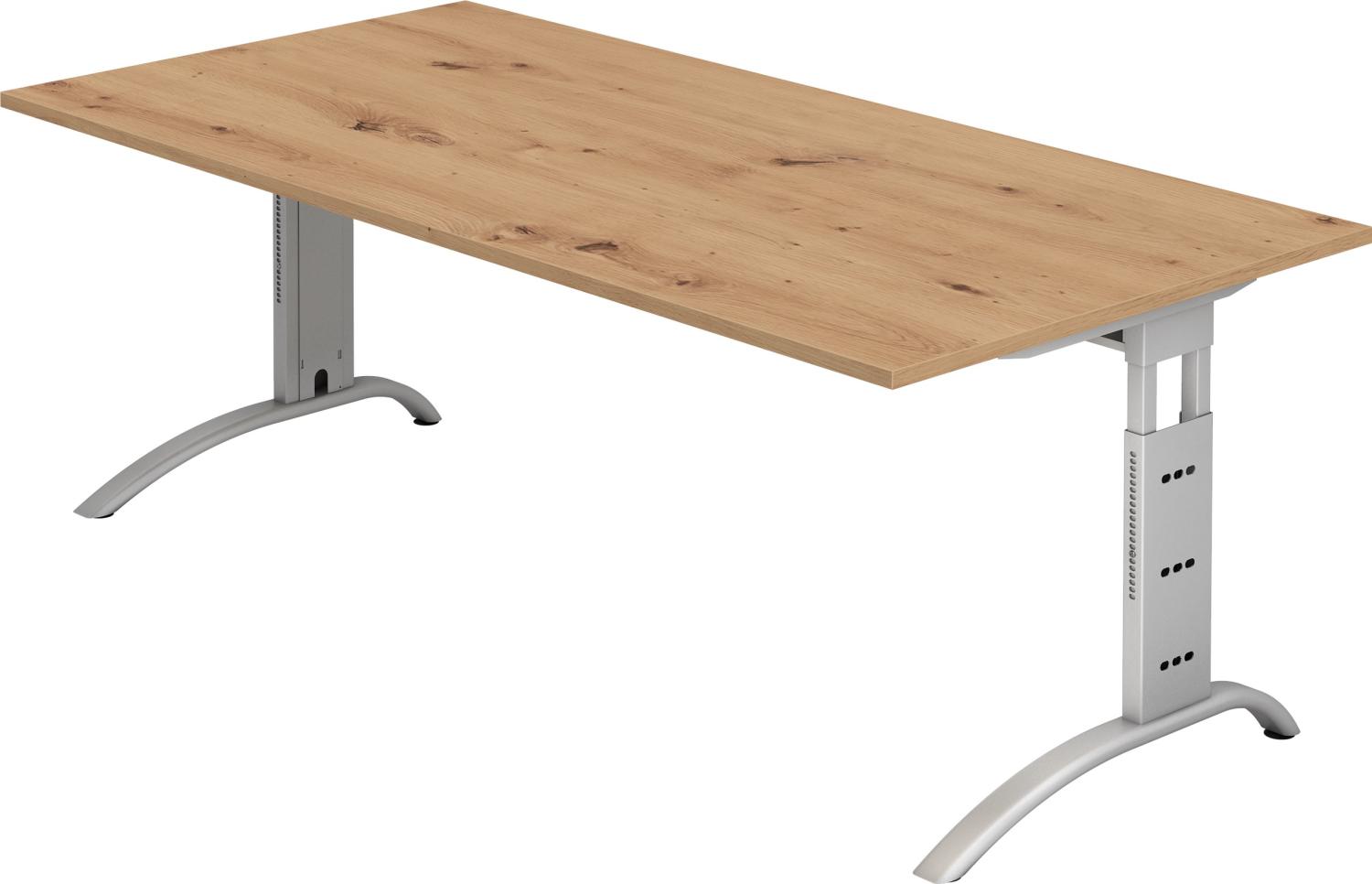 bümö® Schreibtisch F-Serie höhenverstellbar, Tischplatte 200 x 100 cm in Asteiche, Gestell in silber Bild 1