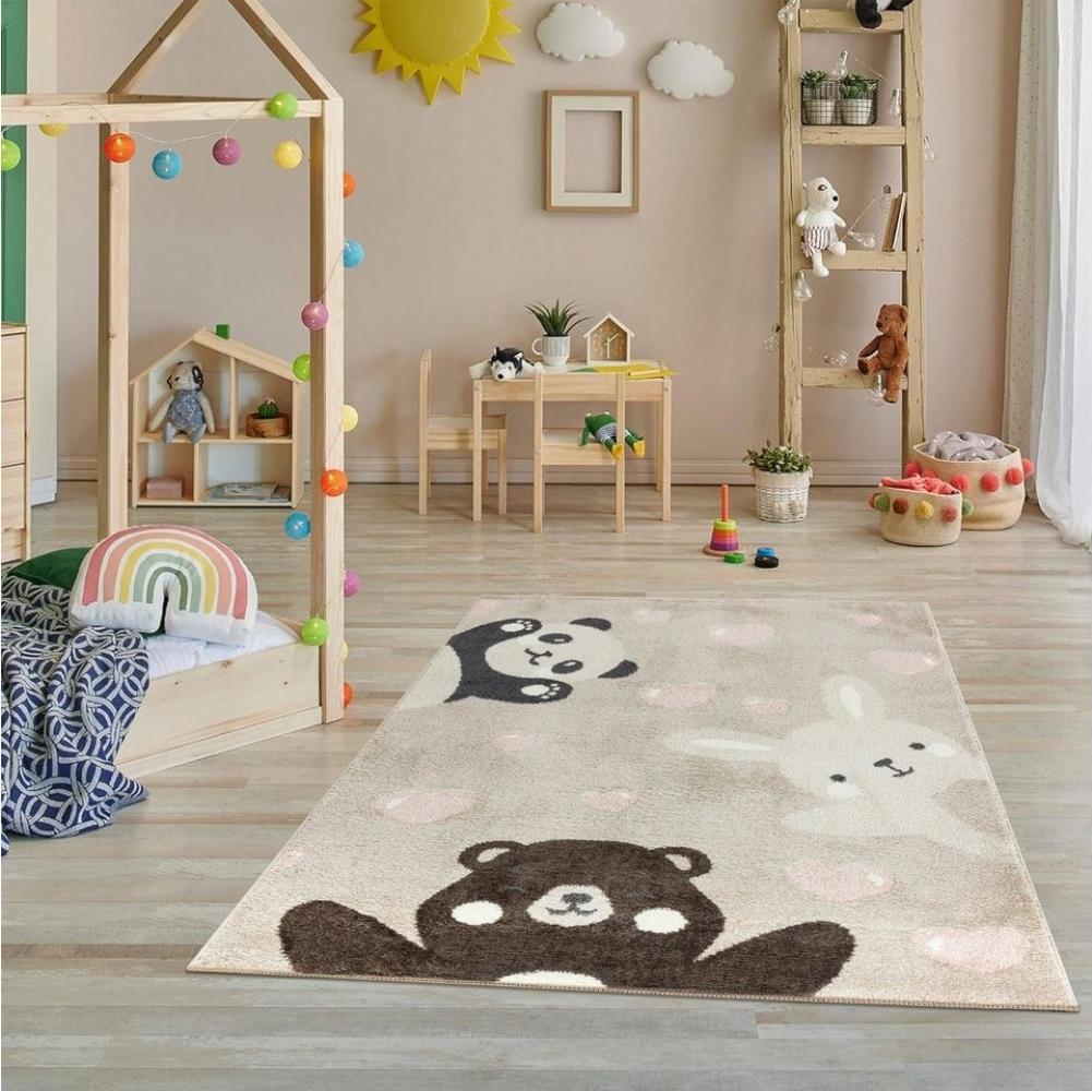 Jimri Teppich Kinderzimmer - Teppiche für Kinderzimmer, Kinderteppich, Kinderteppich Mädchen, Bär, Hase, Panda, Herz, (Beige, Größe: 80x150 cm) Bild 1