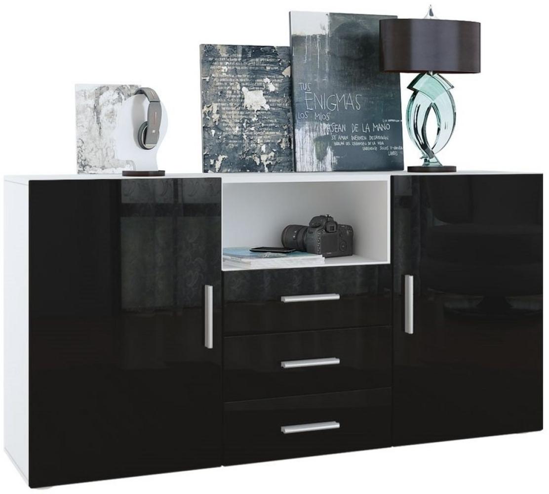 Vladon Sideboard Skadu, Kommode mit 2 Türen, 3 Schubladen und 1 offenem Fach, Weiß matt/Schwarz Hochglanz (138,5 x 71,5 x 35 cm) Bild 1