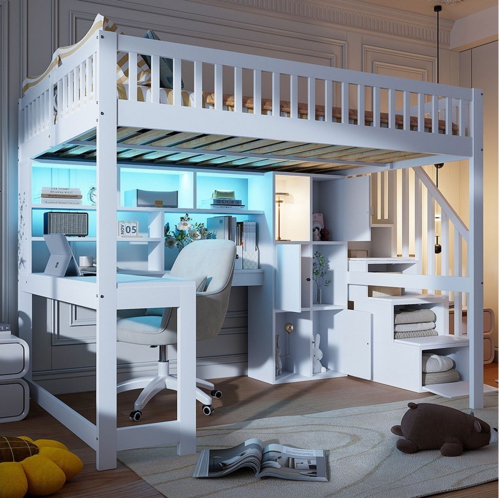 Merax Hochbett 140x200cm mit LED-Beleuchtung (1-St, Jugendbett Einzelbett Stockbett aus Kiefernholz/MDF) Kinderbett mit Stauraumtreppe, Regalen, Ablagefächern & Schreibtisch Bild 1