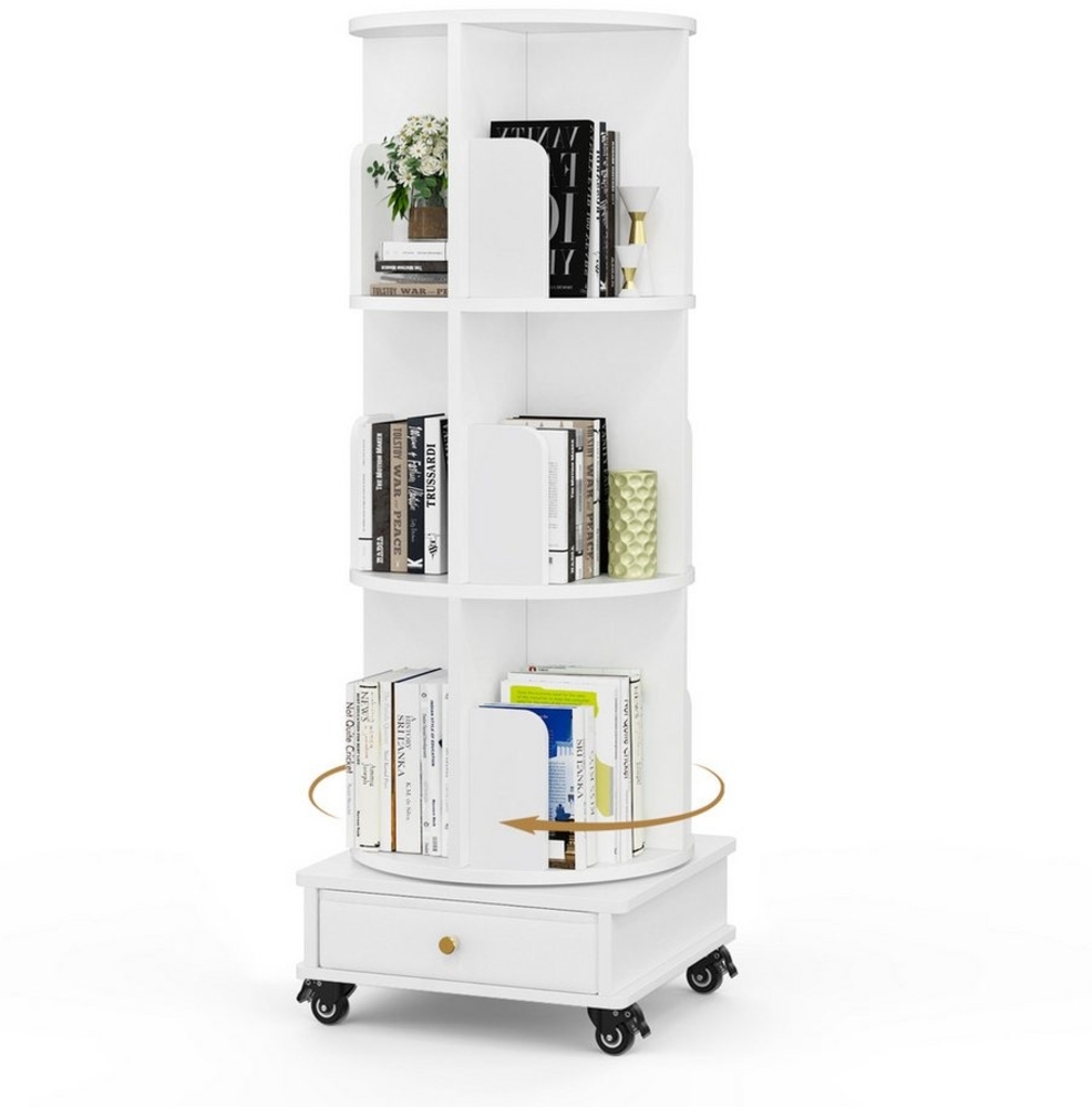 JEOBEST Bücherregal Drehbare Bücherregal, Standregal mit Schubladen, 1-tlg, 360° Rotating Bookshelf, mit Rollen Bild 1