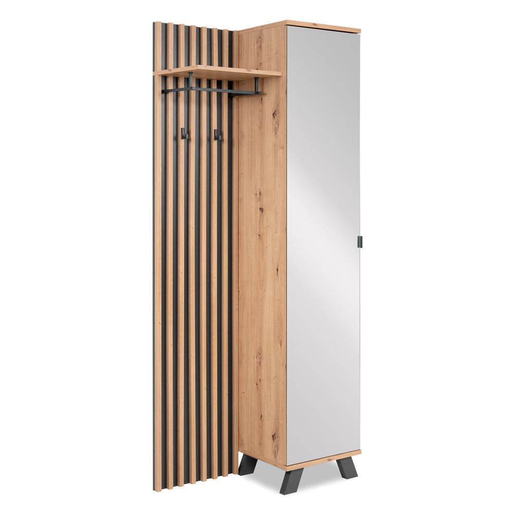 Industrial Style Garderobe Kleiderständer, mit Spiegel, Garderobenpaneel, Holz Eiche Anthrazit, 2 Kleiderhaken Bild 1