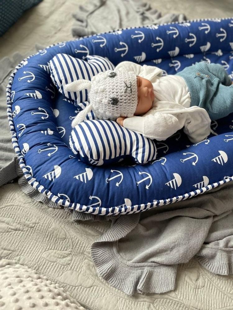 Loolay Kuschelnest BIO BAUMWOLLE BABYNEST Babykokon Neugeborene Babyaustattung Junge SET, (Kuschelnest Reisebett SOLO/ o. im Geschenk SETS, 2-tlg, 4 Jahreszeiten ANKER/ Streifen Dunkelblau Nestchen), LOOLAY® - 100% Europäische Stoffe und Kleinserien-Nä... Bild 1