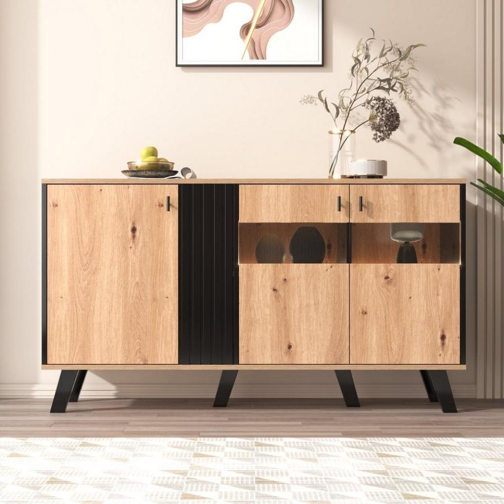 Merax Sideboard inkl. LED-Beleuchtung, mit 3 Türen und 6 Fächer,Kommode Landhaus,Anrichte,Buffet,B:140cm Bild 1