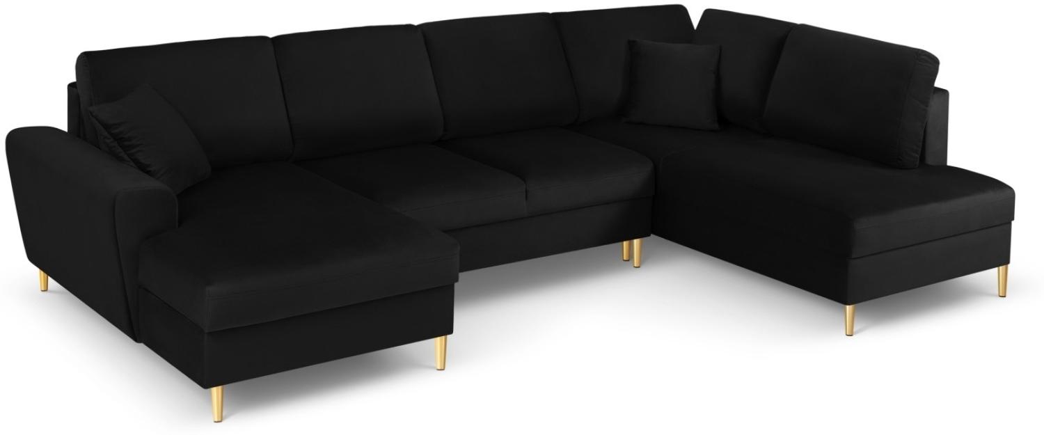 Micadoni 7-Sitzer Samtstoff Panorama Sofa Rechts mit Box und Schlaffunktion Moghan | Bezug Black | Beinfarbe Gold Metal Bild 1