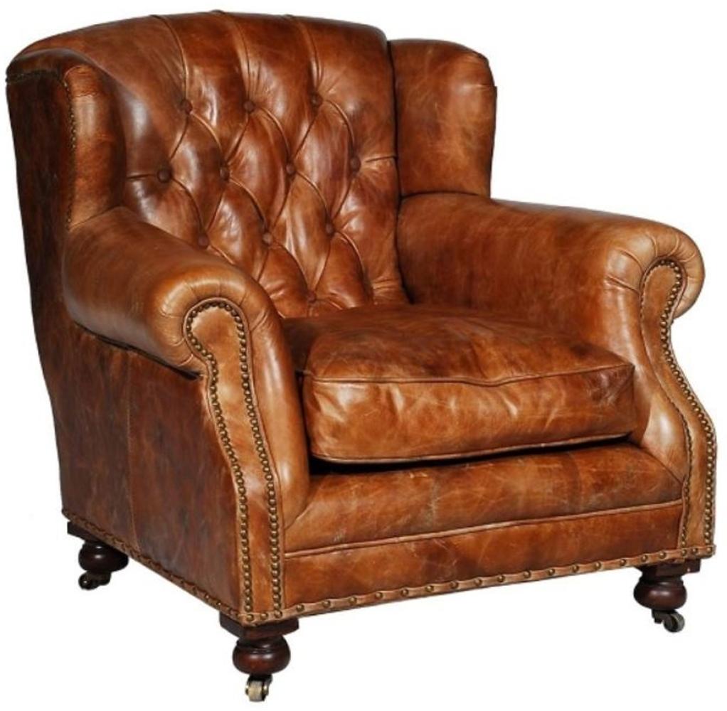 Casa Padrino Luxus Echtleder Sessel Braun 92 x 97 x H. 89 cm - Chesterfield Wohnzimmermöbel Bild 1