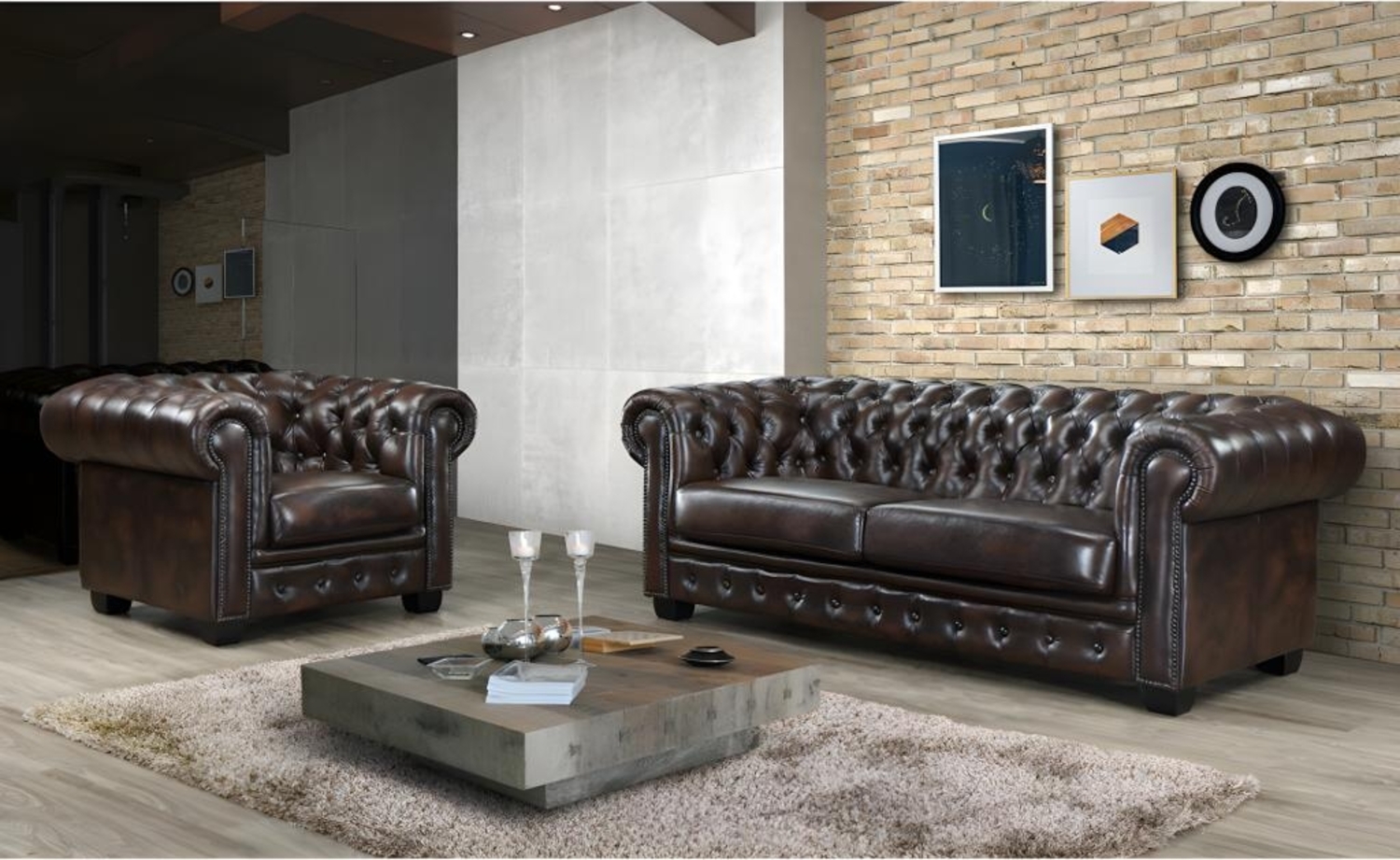 Vente-unique - Chesterfield Garnitur 3+1 - Büffelleder - Braun - BRENTON Bild 1