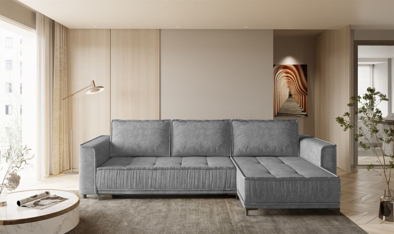 Ecksofa Schlafsofa Sofa JUNA Stoff Terra Grau Ottomane Rechts Bild 1