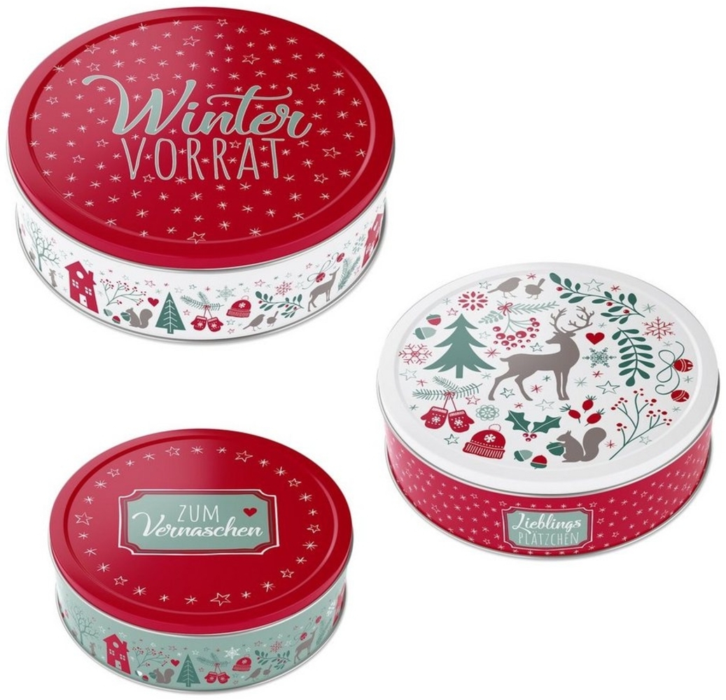 Spetebo Keksdose Metall Gebäckdose 3er Set - WINTER VORRAT, Metall, (Set, 3-tlg, 3-teilig), Weihnachts Gebäckdose Keksdose aus Metall stapelbar Bild 1