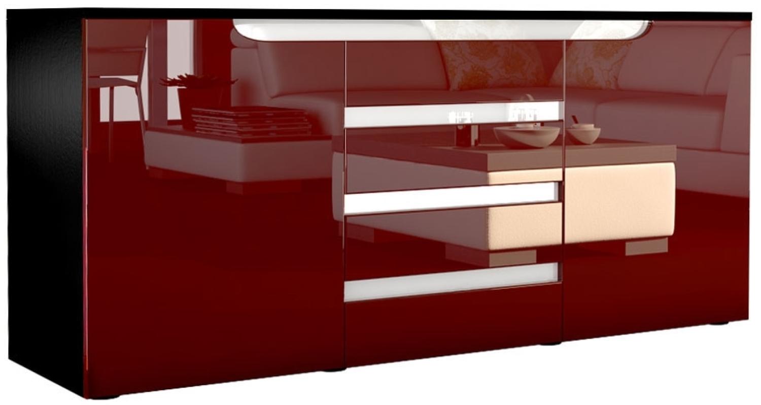 Sideboard Kommode Sylt V1, Korpus in Schwarz matt / Front in Bordeaux Hochglanz mit Absetzungen in Weiß Hochglanz (139 x 72 x 35) Bild 1