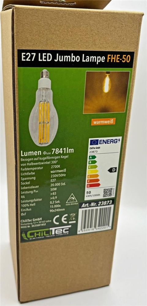 LED Filament-Lampe E27 50W "FHE-50" 7841lm, 2700K, warmweiß, ØxH 9x24cm Bild 1