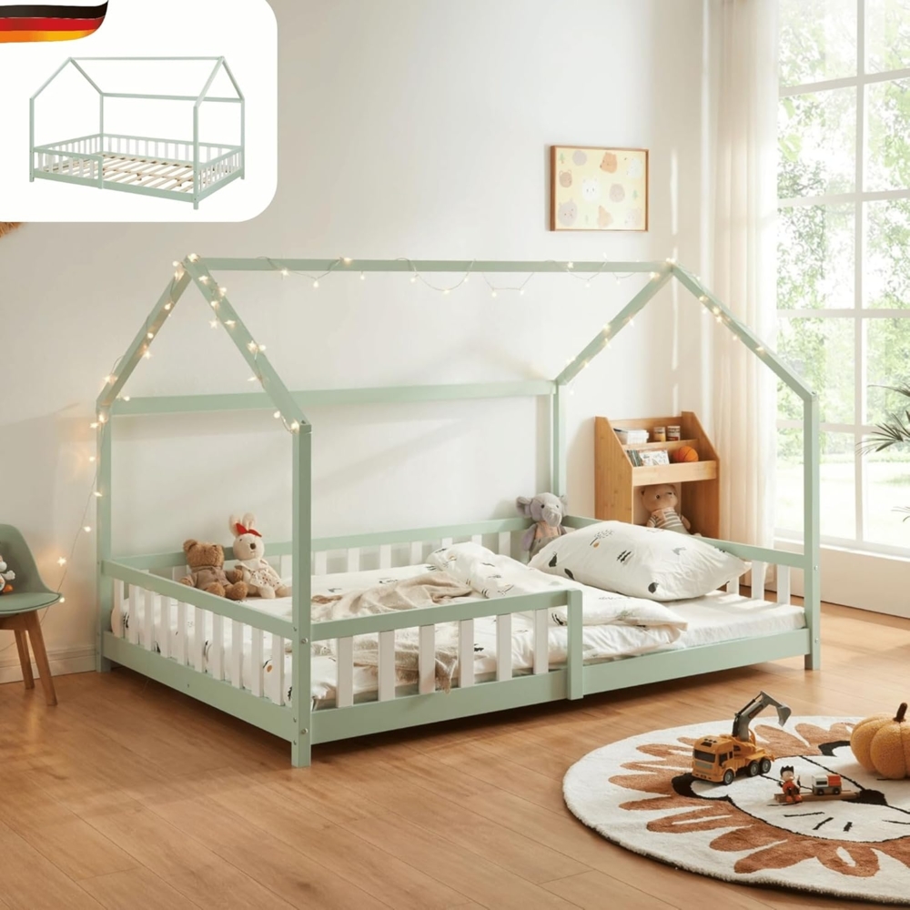 DELUKE® Kinderbett 140x200 OKLA - mit Lattenrost Rausfallschutz Haus-OptikEinzelbett aus Holz Hausbett Kinderzimmer Montessori Bett Mintgrün Bild 1
