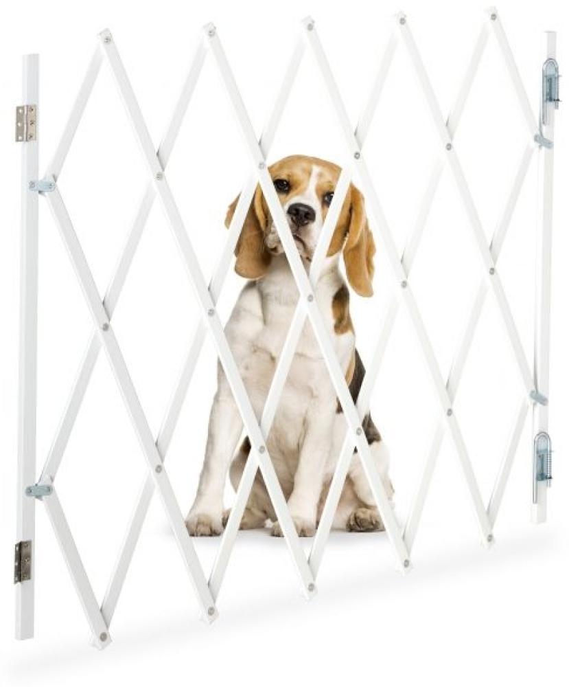 Relaxdays Hundegitter, ausziehbar bis 118 cm, 69-82,5 cm hoch, Hunde Schutzgitter für Treppe & Tür, Weiß Bild 1