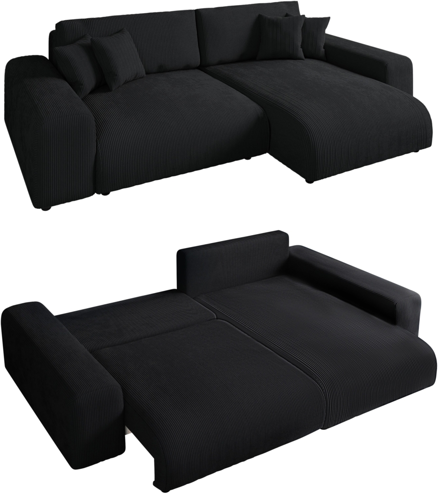 ECKSOFA mit Schlaffunktion, Bettkasten, Wellenunterfederung, seitenverkehrt montierbar B255/T165/H84 cm, Liegefl. 148x196 cm, Cord Schwarz Bild 1