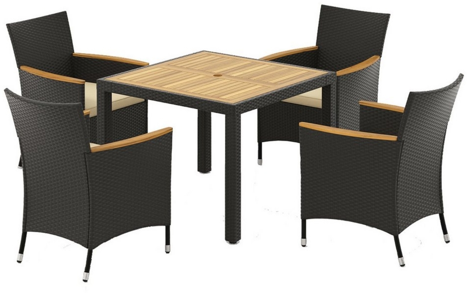 COSTWAY Garten-Essgruppe, (5-tlg), 4 Personen, Rattan, Gartentisch Akazien, mit Schirmloch, Kissen Bild 1