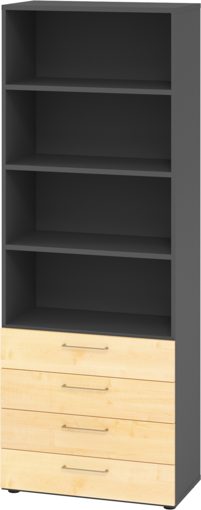 bümö smart Schubladenschrank, Büroschrank 80cm breit in Graphit/Ahorn mit 4 Schüben & 4 Regalfächern - Bürocontainer aus Holz, Container mit Metallgriffen & Soft-Stop Schubladen, 968S4-G-3-BS Bild 1