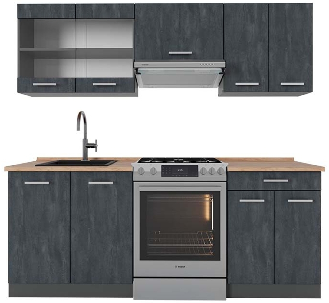 Vicco Küchenzeile Schwarz Beton/Anthrazit 200 cm AP Eiche, R-Line Bild 1