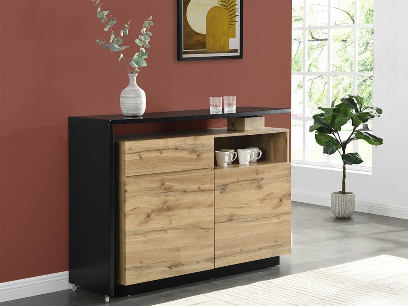 Vente-unique - Barmöbel drehbar mit 2 Türen, 1 Schublade & 1 Ablage - MDF - Naturfarben & Schwarz - ELDIR Bild 1