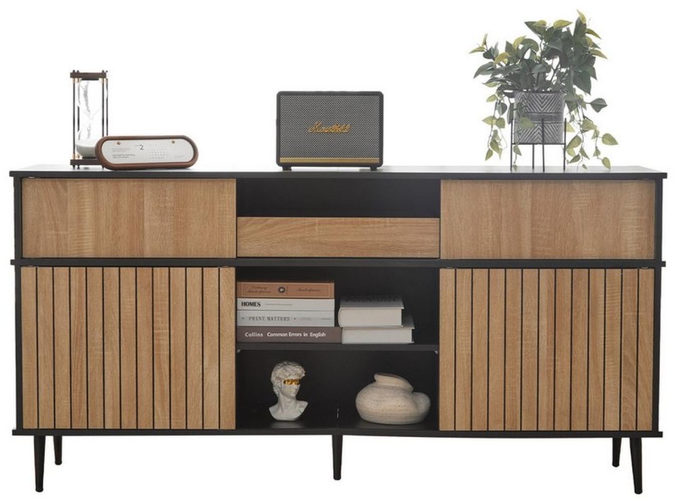 MODFU Sideboard mit großem Stauraum (Kommode, Wohnzimmerschrank,Anrichte, 1 St, 4 Schiebetüren und 1 Schublade), mit Harmonisches Kontrastdesign, Eichenfarbe und schwarze Kombination Bild 1