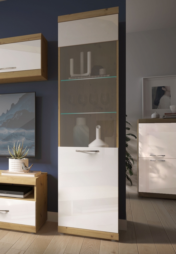 Standvitrine "Essen" Glasvitrine 50 cm artisan Eiche weiß Hochglanz MDF Bild 1