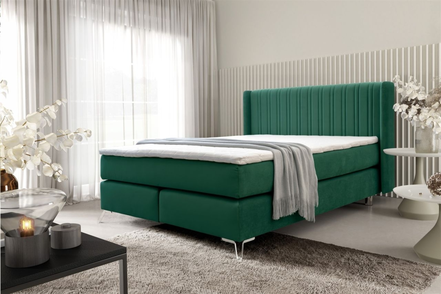 Boxspringbett Schlafzimmerbett AGNUS 160x200 cm in Stoff Salvador Flaschengrün Bild 1