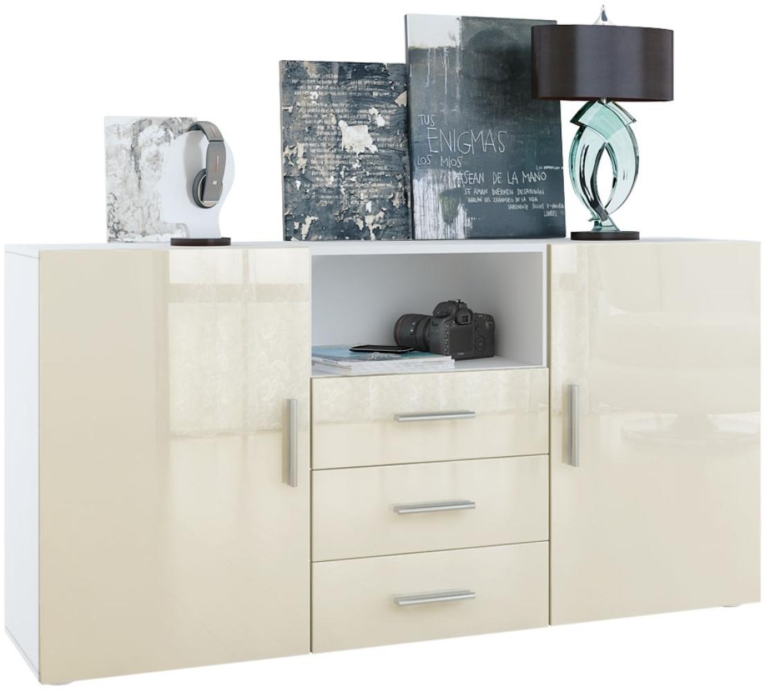 Vladon Sideboard Skadu, Kommode mit 2 Türen, 3 Schubladen und 1 offenem Fach, Weiß matt/Creme Hochglanz (138,5 x 71,5 x 35 cm) Bild 1